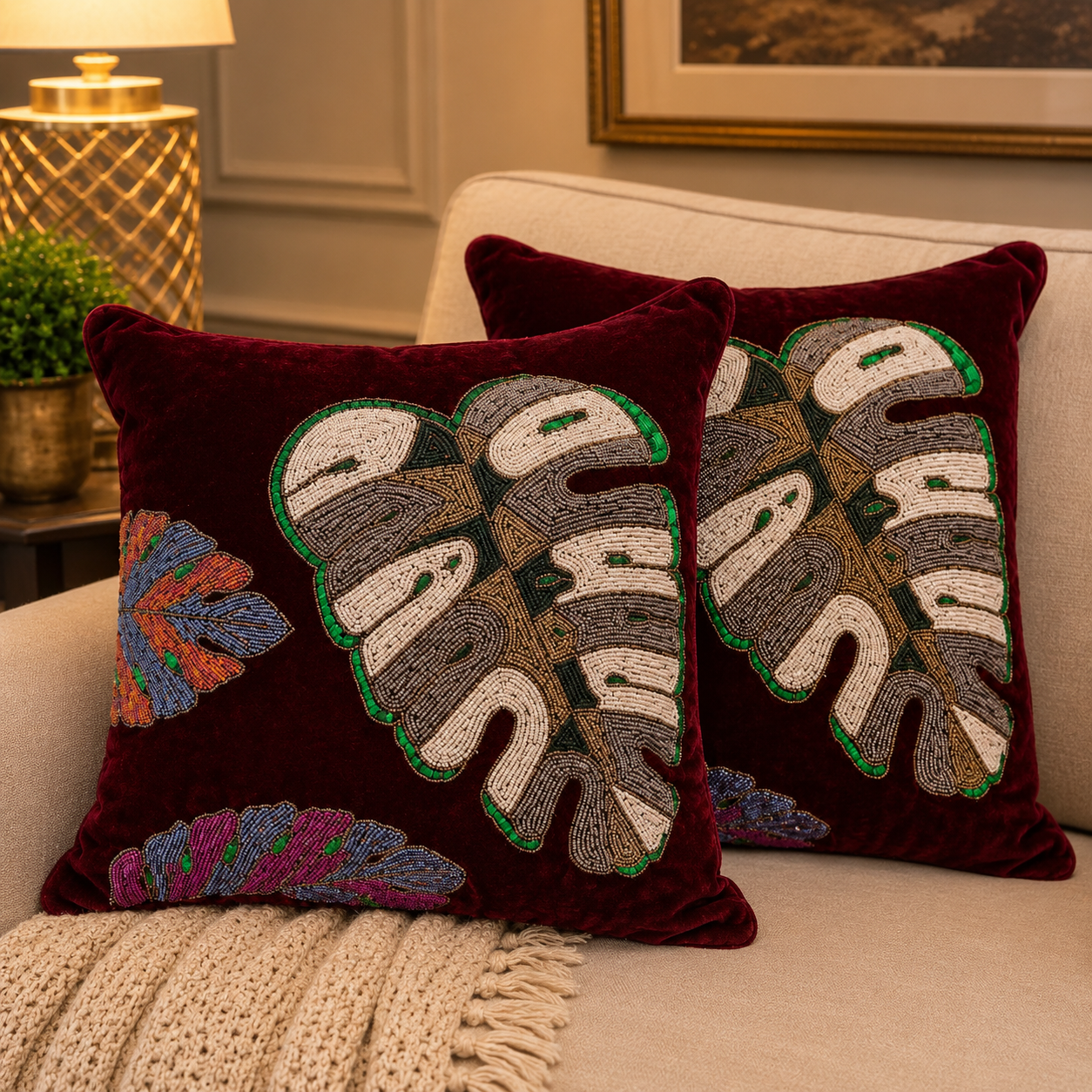Handmade Beaded & Zardosi Cushion Cover12-orange